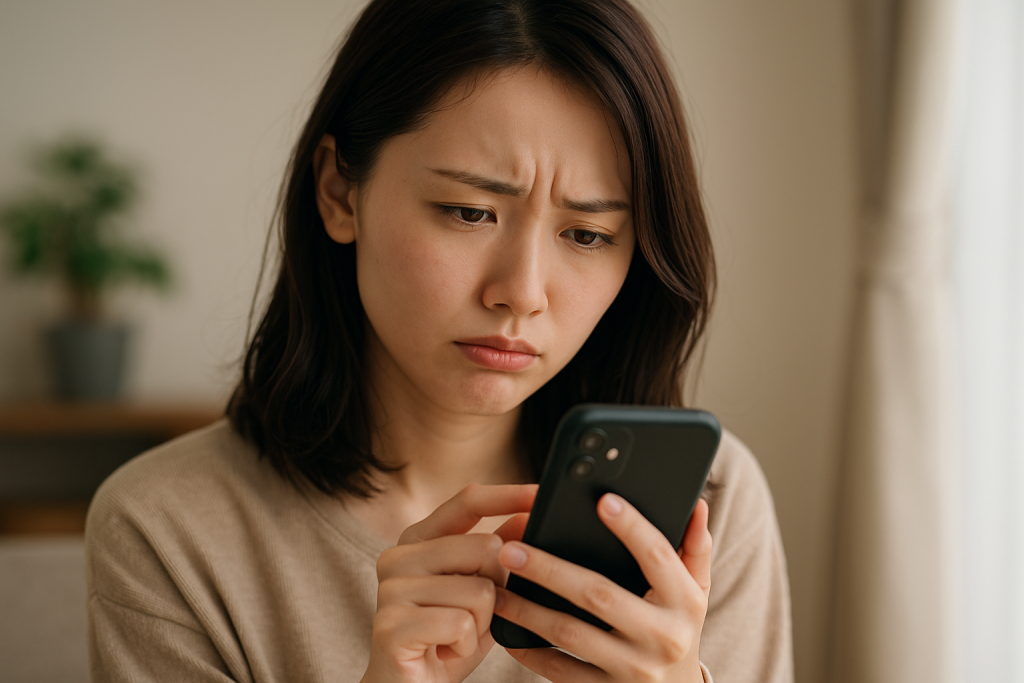 スマホを見て悩む女性