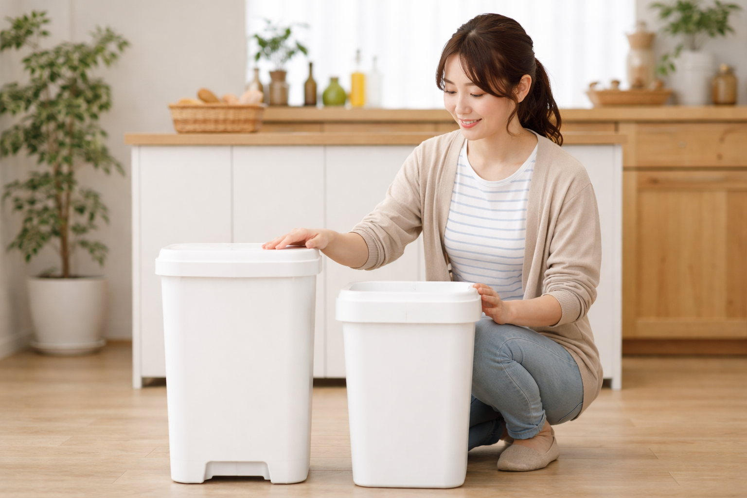 ゴミ箱を選ぶ女性